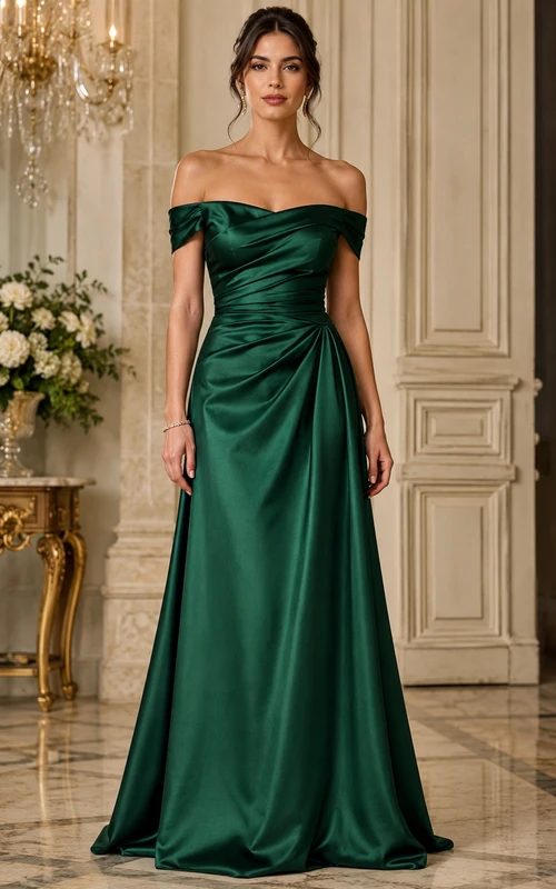 Robe longue trapèze en satin vert foncé à épaules dénudées