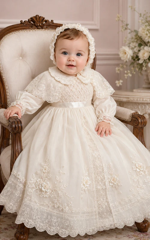 Vintage Baby Baptism Christening Ceremony Dress A-Line Knee-Length Jewel Neck Puff Sleeve Tulle Lace Floral Detail Floral Applique Button Back