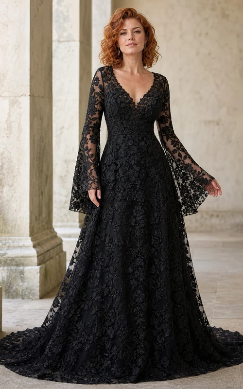 Vestido de noche largo negro sexy de sirena con escote en V y mangas largas hasta el suelo