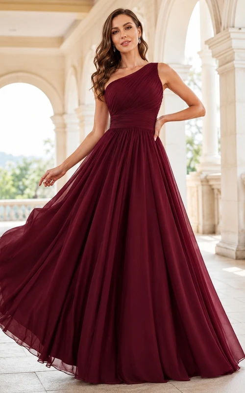 Burgundy One-Shoulder Pleated Chiffon Romantic Ball Gown Floor-Length Elegant Formal Dress