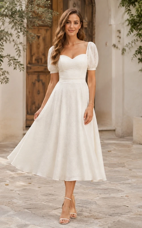 Vestido de novia midi sencillo de corte A con escote cuadrado y mangas abullonadas