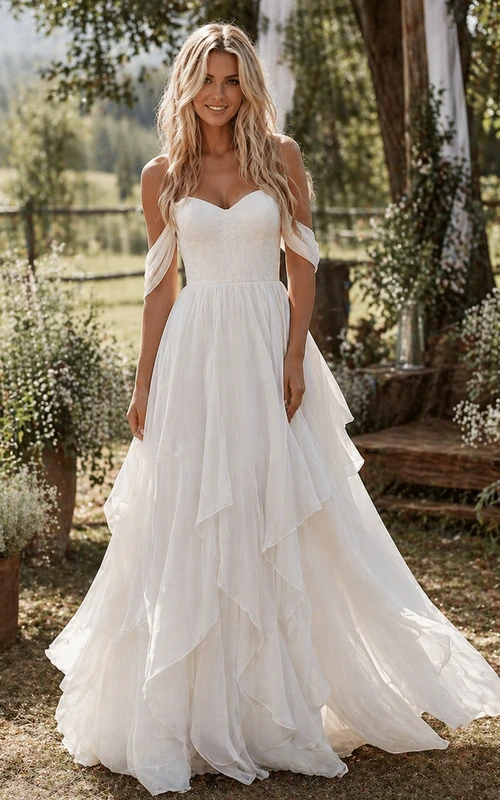 Off-the-shoulder Sweetheart Ethereal Chiffon Floor Length Boho Wedding Dress