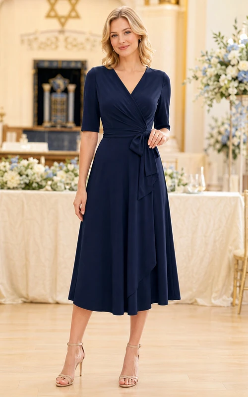 Navy Wrap V Neck Half Sleeve Guest Midi Dress