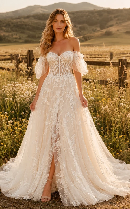 Vestido de novia de tul y encaje campestre, corte en A, hombros descubiertos, manga corta, cola de capilla, espalda baja en V.
