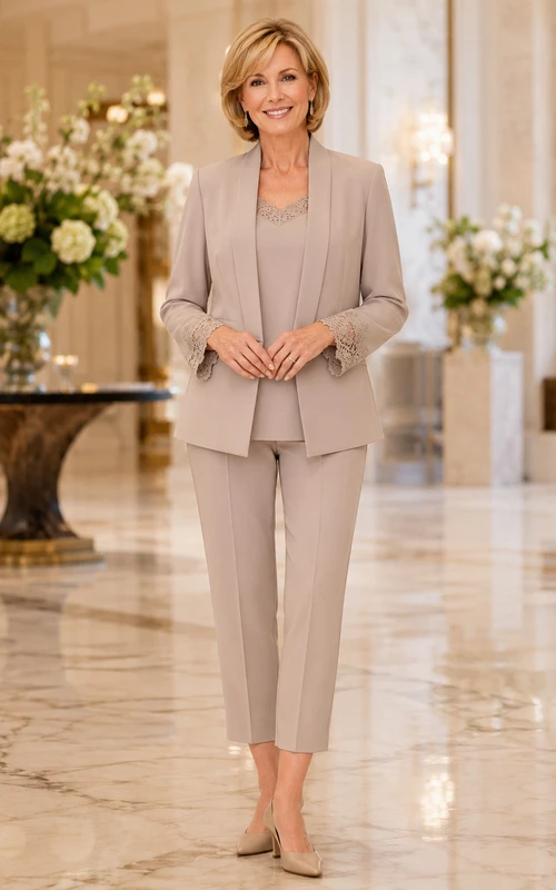 Taupefarbener, moderner Hosenanzug in Petite-Größe mit verkürzter Hose, taillierter Blazer mit Rundhalsausschnitt, langen Ärmeln und Spitzenbündchen, ideal für die Mutter der Braut.