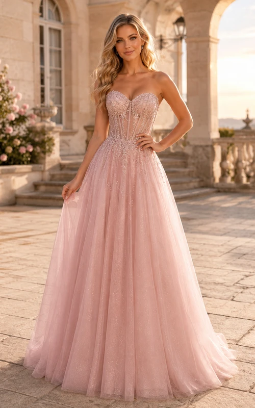 Prom Dress Blush Tulle A-Line Sweetheart Sleeveless Beaded Floor Length