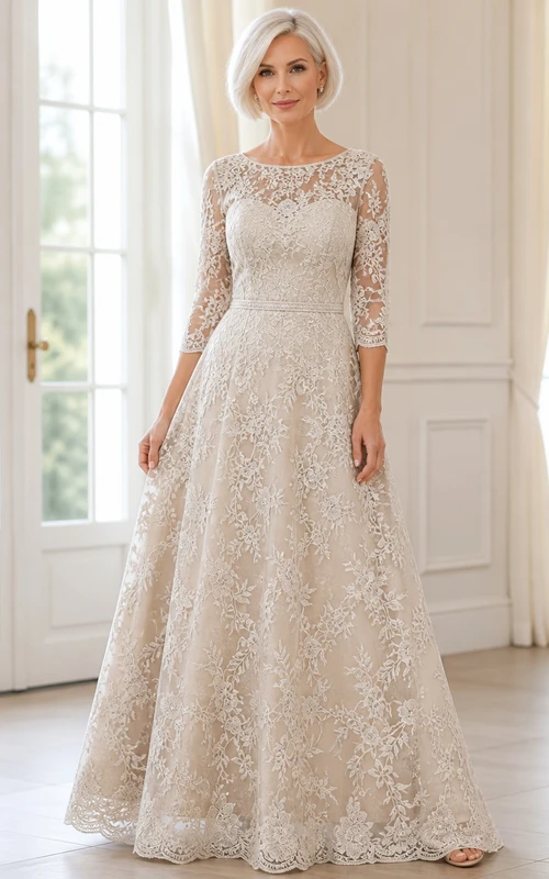 Robe de mariée sobre en dentelle, coupe trapèze, longueur au sol, manches trois-quarts, bord festonné, pour les mariées plus âgées