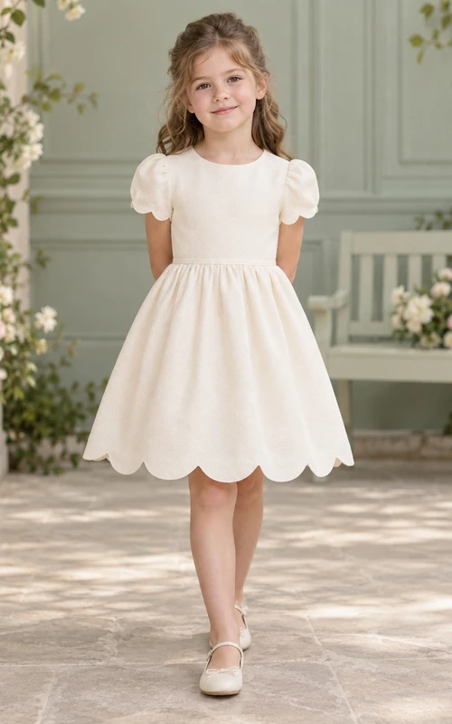 Robe de demoiselle d'honneur simple et modeste couleur crème, longueur genou, manches bouffantes froncées et bord festonné
