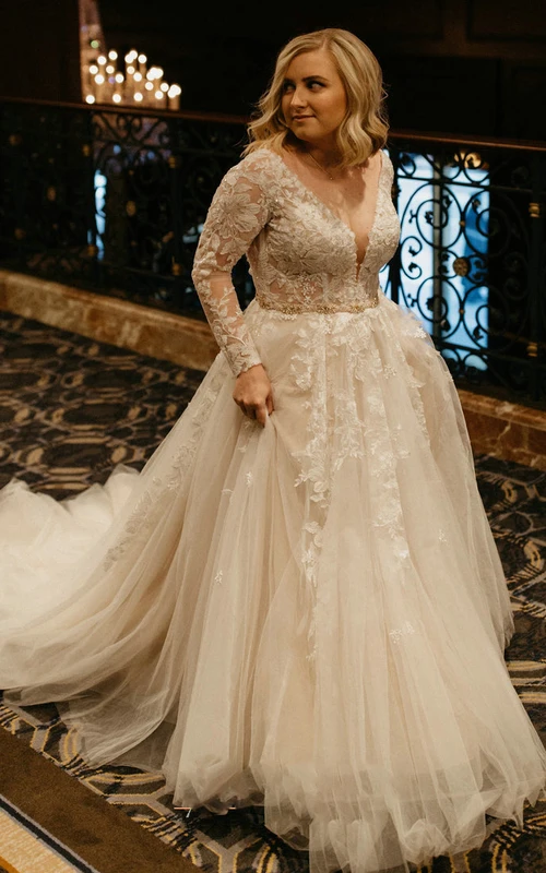 Elegante vestido de novia de corte A con encaje, cola de cepillo, mangas largas y espalda descubierta con apliques.