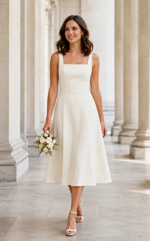 Simple Square Neck Satin Wedding A Line Strap Midi Elopement Dress