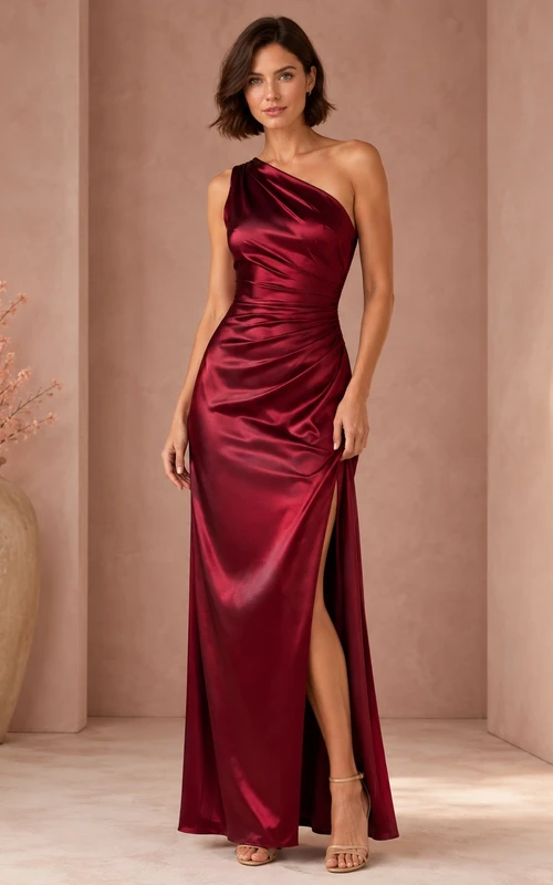 Burgundy One-Shoulder Draped Satin Sheath Floor-Length Split Evening Dress