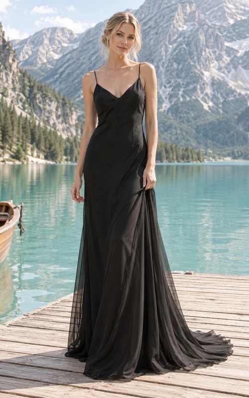 Vestido de novia sencillo negro de corte recto con escote en V, sin mangas, de gasa y satén, con abertura frontal y cola.