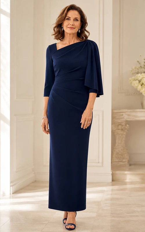 Dunkelblaues, modernes Brautmutterkleid für ältere Bräute: Einseitig schulterfreies, dreiviertelärmeliges Cape-Kleid mit Raffungen und knöchellangem Schnitt