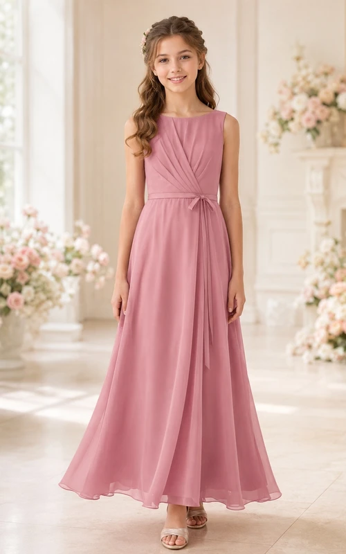 Bezauberndes, ärmelloses, rosafarbenes Chiffonkleid mit hohem Kragen, A-Linien-Schnitt und bodenlanger Silhouette für junge Brautjungfern