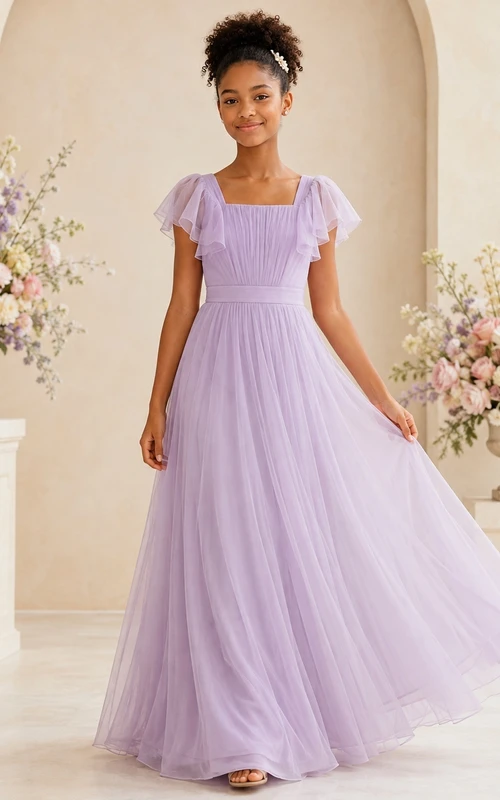 Zartrosa Brautjungfernkleid für junge Damen, A-Linie, eckige kurze Ärmel, Tüll, gestuft, romantisch, formell