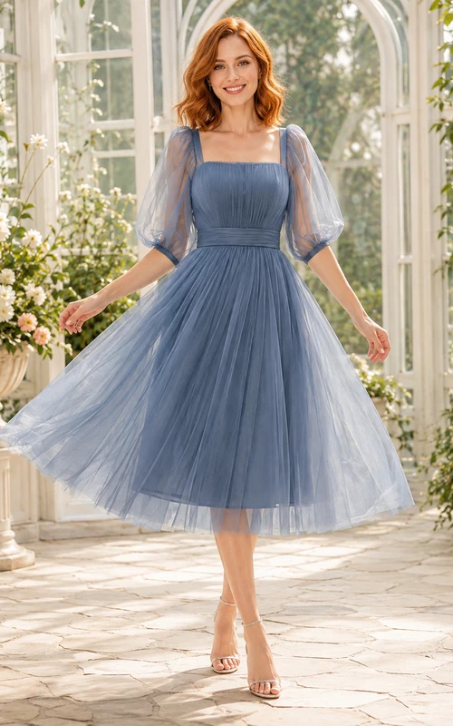 Steel Blue Square-Neck Puff-Sleeve Tulle A-Line Tea-Length Bridesmaid Dress Romantic