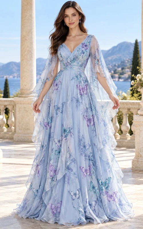 V Neck Sky Blue Butterfly Print Draped Cape Evening Gown