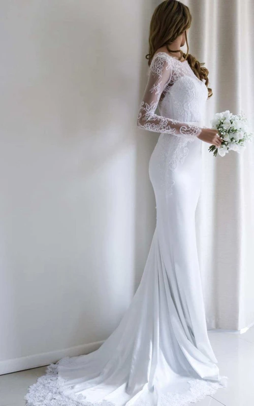 Bateau Lace Long Sleeve Sheath Chiffon Modest Wedding Dress With Sweep Train