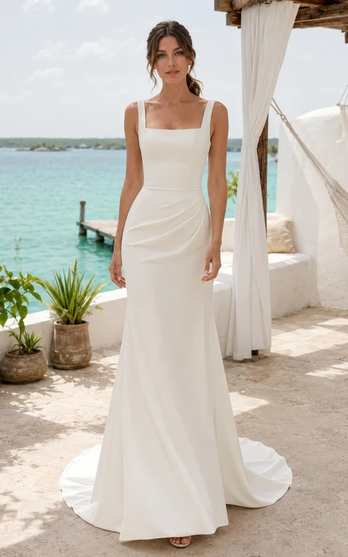 Robe de mariée fourreau en crêpe à bretelles et encolure carrée simple, couleur lagon