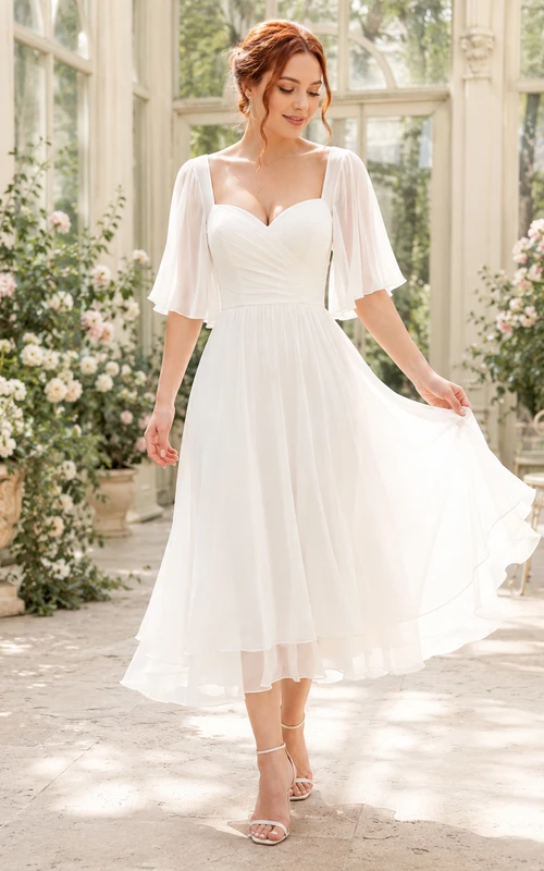 Robe de mariée romantique en mousseline plissée à manches cloche et décolleté en cœur, dos nu, style jardin