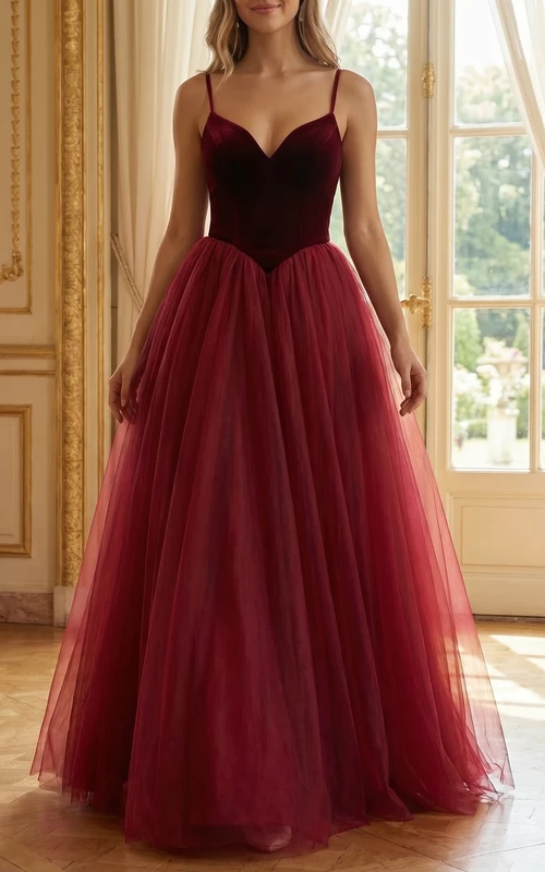 Burgundy Velvet and Tulle Ball Gown Prom Dress with Spaghetti Straps