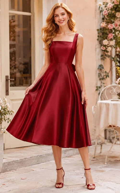Elegant Red Square Neck Sleeveless Satin A-Line Tea-length Formal Dress
