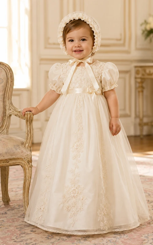 Vestido de satén y encaje de manga corta con corte en A, estilo vintage, para bautizo de bebé.