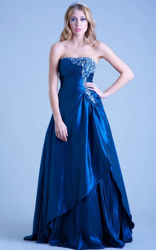 Ärmelloses, trägerloses, bodenlanges A-Linien-Abendkleid aus Satin mit Perlenbesatz und Drapierung