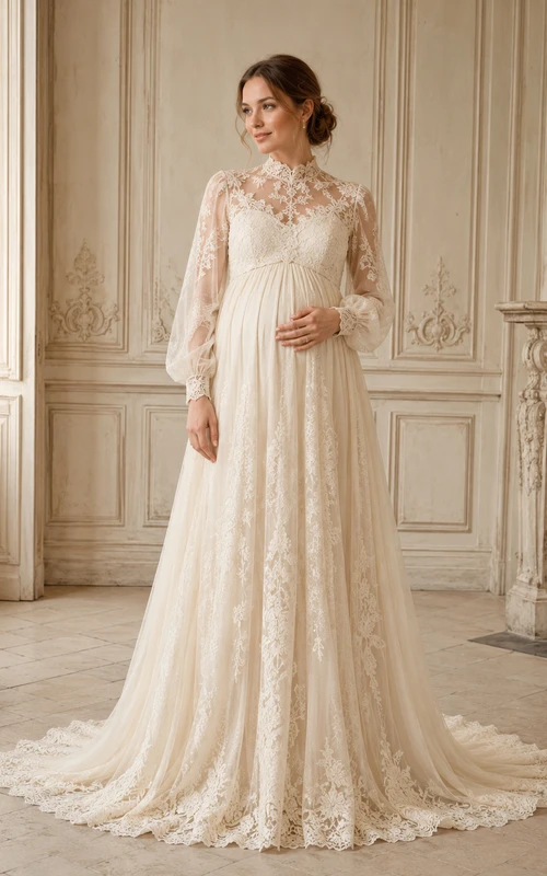 Modest Maternity Lace A Line Long Sleeve Chapel Train Wedding Dress