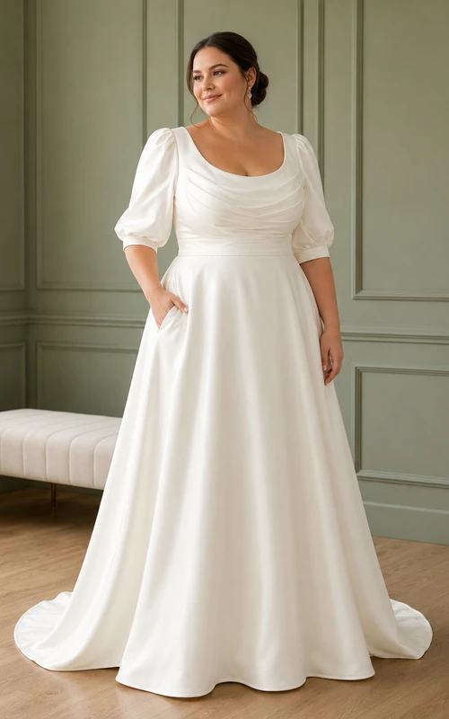 Robe de mariée en satin à col rond et manches bouffantes courtes, grande taille, abordable