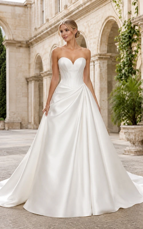 Brautkleid aus Satin, A-Linie, trägerlos, Herzausschnitt, Schleppe