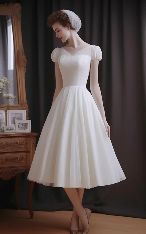 Vintage weißes Empire-Brautkleid aus den 1950er Jahren, A-Linie, Teelänge