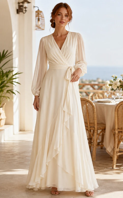 Post Wedding Brunch Long Sleeve V Neck Wrap Floor Length A Line Dress