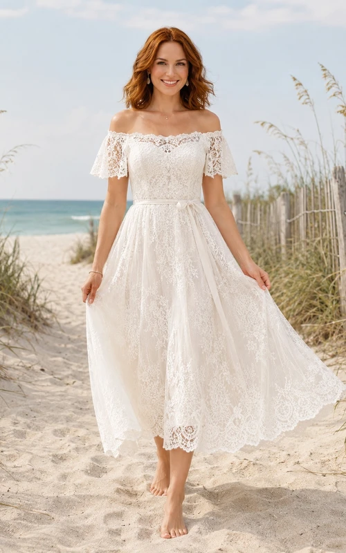 Lässiges Strandkleid aus Spitze, schulterfrei, kurzärmelig, A-Linie, Teelänge, Boho-Stil