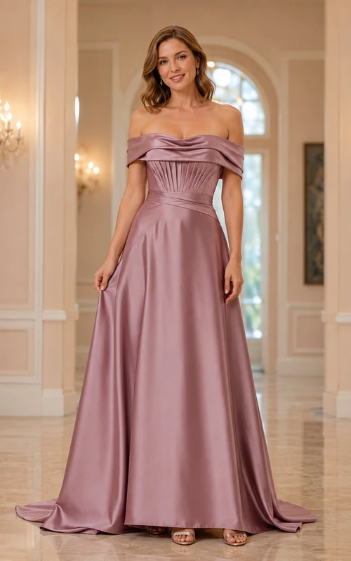 Robe de soirée plissée vintage mauve en satin, épaules dénudées, coupe trapèze, longueur au sol