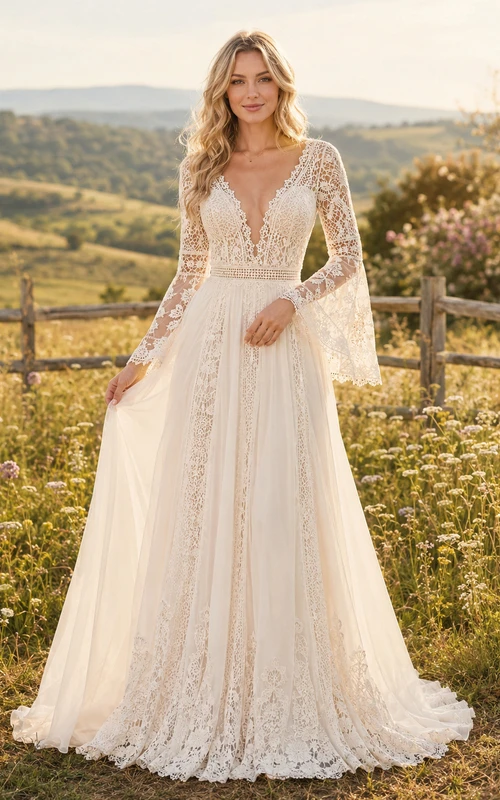 Boho Bell Sleeve Crochet Lace Country Chapel Wedding Dress
