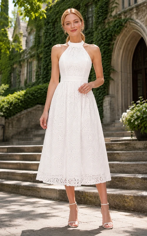 Vestido de graduación blanco de encaje con ojales y escote halter, largo hasta la rodilla