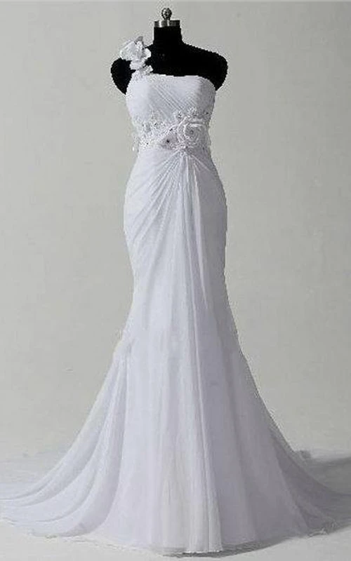 Robe sirène asymétrique sans manches à une épaule, longueur genou, ornée de fleurs et de fermeture éclair, en mousseline de soie.