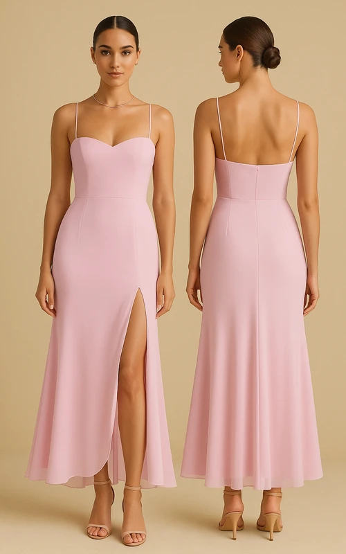 Robe rose en mousseline à fines bretelles et fente sur le devant, longueur cheville