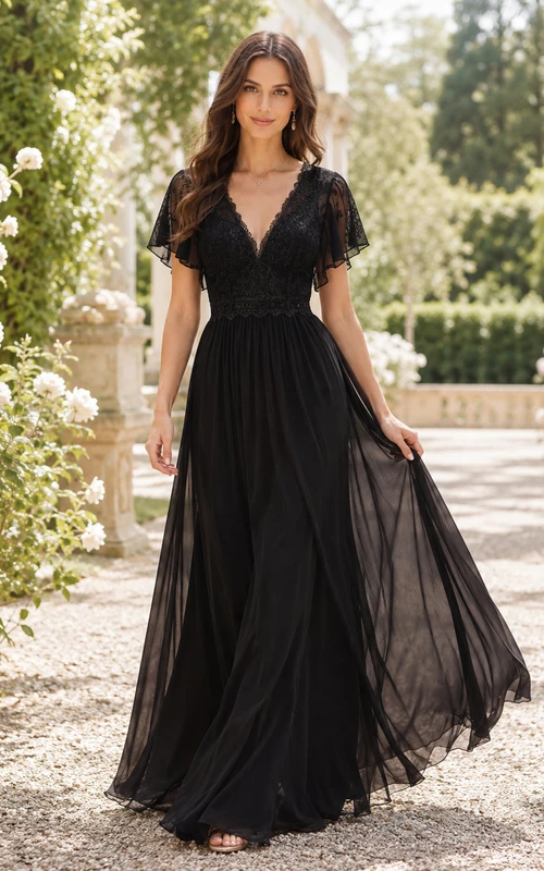 Black Boho V-Neck Flutter Sleeve Chiffon Garden Wedding Dress