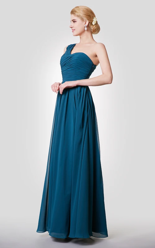 Vestido largo de gasa de corte A con un solo hombro y fruncido, único en su clase.