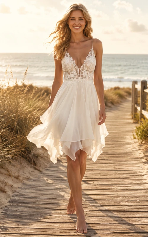Vestido de novia bohemio de gasa con escote en V y tirantes finos, estilo tirantes asimétricos, ideal para la recepción o ceremonia en la playa.