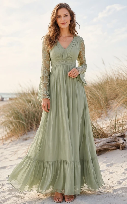 Sage Green V-Neck Long Sleeve Tiered Boho Maxi Dress