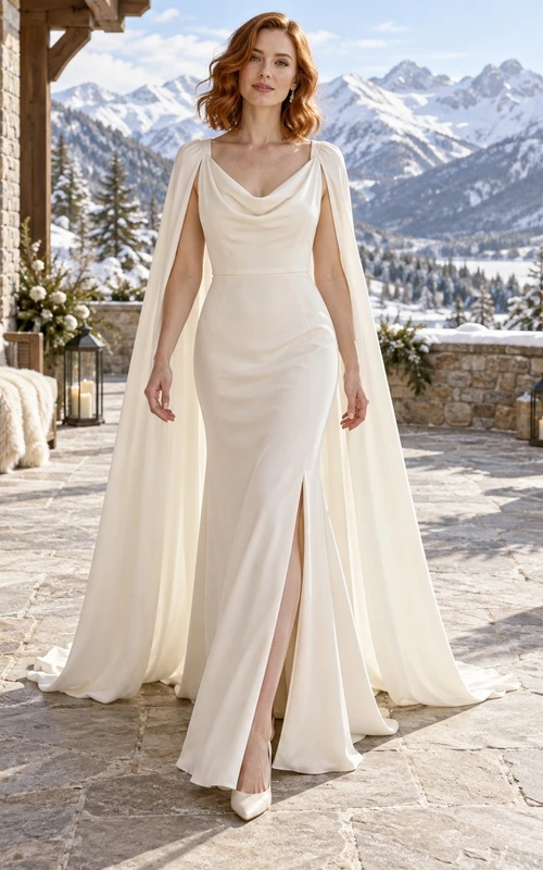 Vestido de invierno tipo capa con escote drapeado y abertura, de gasa.
