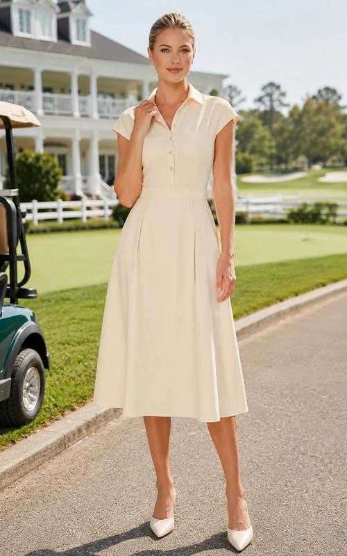 Cremefarbenes, ärmelloses A-Linien-Midikleid mit Kragen im Country-Club-Stil