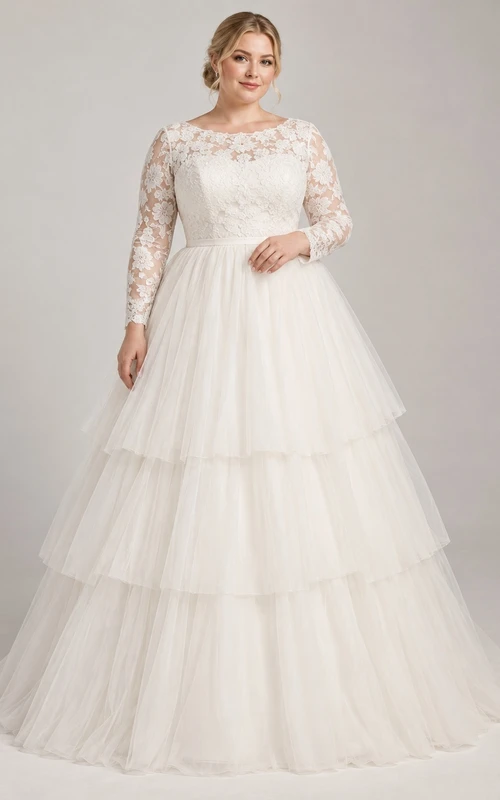 Vestido de novia de encaje de manga larga con escote redondo discreto y falda de tul escalonada en línea A.