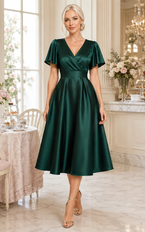Emerald Parlour Dark Green A-Line Tea-Length V-Neck Short-Sleeve Satin Elegant Guest Dress