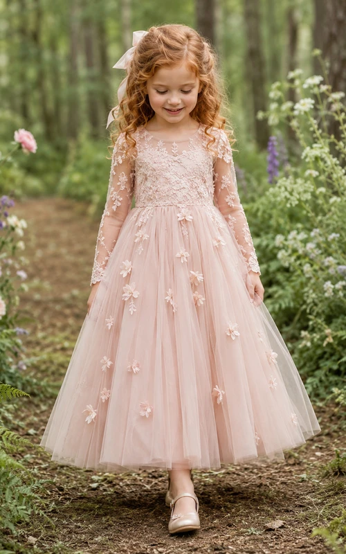 A-Line Flowergirl Pink Lace Tulle Floor-Length Long Sleeve Floral Woodland Wedding Dress