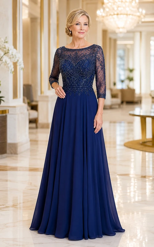 Marineblaues A-Linien-Kleid mit Spitzenoberteil und 3/4-Ärmeln