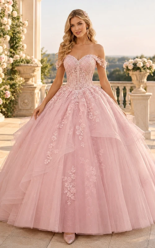 Blush Tulle Off-the-shoulder Floral Embroidered Ball Gown Floor-length Quinceanera Dress